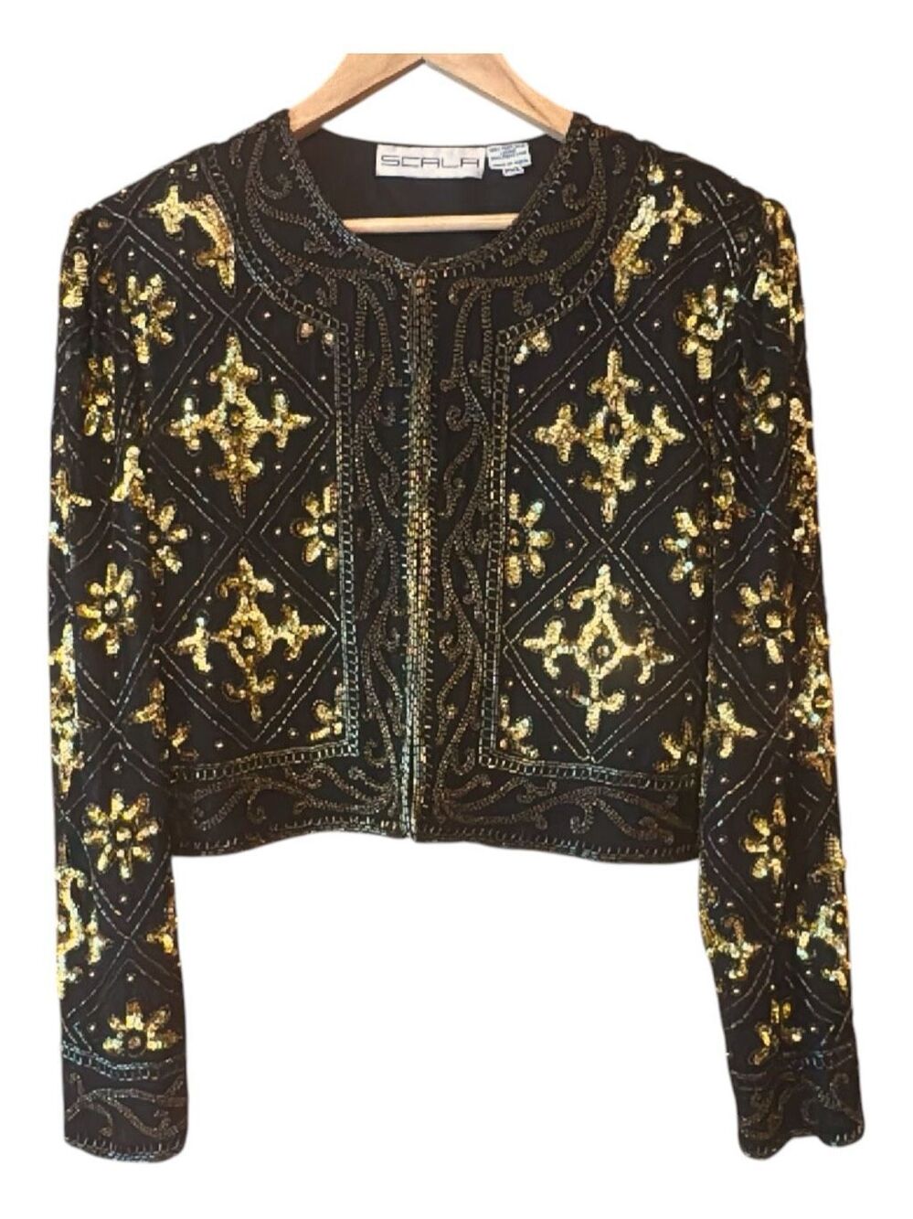 Scala Vintage Silk Lined Beaded Sequin Jacket Black Gold PXL